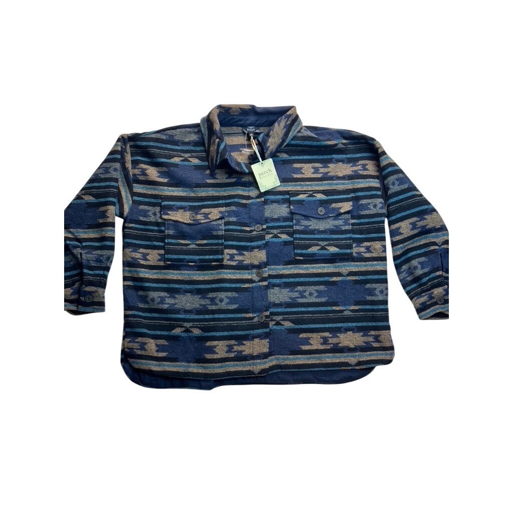 Perch by Blu‎ Pepper Aztec Print Flannel Shirt Jacket Women's 1XL Blue Tan Black